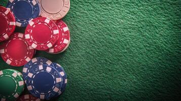 Poker chips on green table with copy space photo