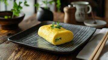 A piece of omelet on a black plate photo