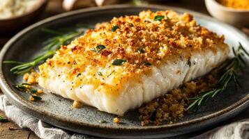 A piece of fish with breadcrumbs on top photo