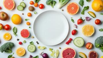 A plate surrounded by various fruits and vegetables photo