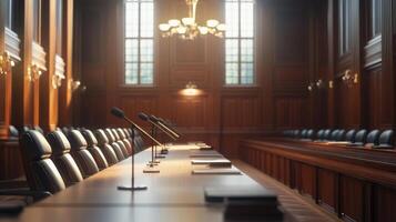 A long table in a courtroom with chairs and microphones photo