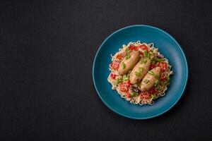 Fish or meat quenelles with vegetables, salt and spices in mushroom sauce photo