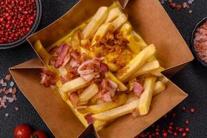 Crispy French fries with pieces of bacon, salt and spices photo