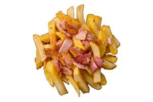 Crispy French fries with pieces of bacon, salt and spices photo