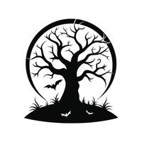 A black and white silhouette of a tree with bats vector