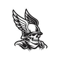 Skull with helmet and wings in a black and white design vector