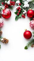 Festive Christmas Background with Red Ornaments and Evergreen Branches photo