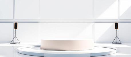 Minimalist White Studio with Circular Platform and Lighting photo