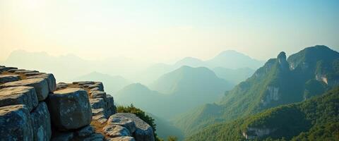 Majestic Mountain Range with Stone Pathway on the Edge of a Cliff photo