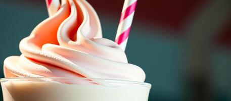 Closeup of a pink milkshake with whipped cream and a red and white straw photo