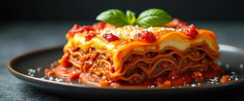 Close Up of Lasagna with Tomato Sauce and Basil photo