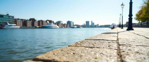 Waterfront View with Stone Path and Lamp Post photo