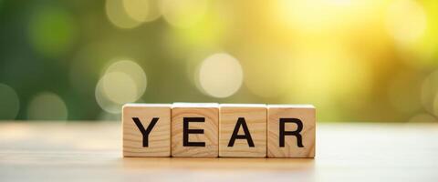 Wooden blocks spelling YEAR on a wooden table with blurred green and yellow background photo