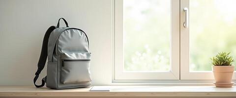 Grey Backpack on Windowsill with Notepad photo