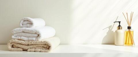 White Towels and Cream Scented Diffuser on a White Shelf photo