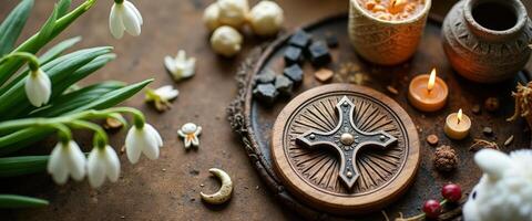 Wooden Cross on a Rustic Table with Snowdrops, Candles and a Rabbit photo