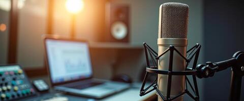 Professional Studio Microphone with Pop Filter and Laptop in Background photo