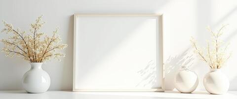 Mockup of a Blank Frame on a White Shelf with Dried Flowers in Vases photo