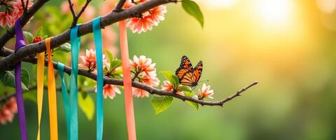 Butterfly on a Branch with Colorful Ribbons photo