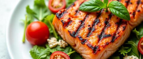 Close up of Grilled Salmon with Fresh Tomatoes and Basil photo