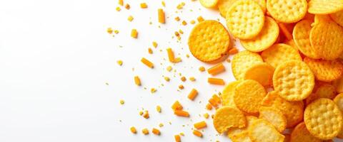 Close up of crispy crackers on white background photo