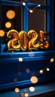 Golden Balloons on Blue Window Frame with String Lights photo