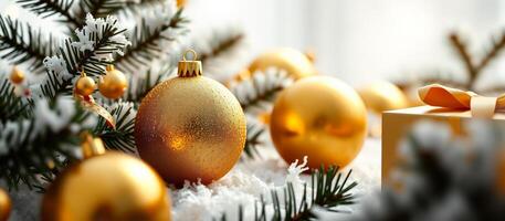 Gold Christmas Ornaments on a Snowy Branch photo