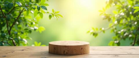 Wooden Podium on a Rustic Table with a Green Blurred Background photo
