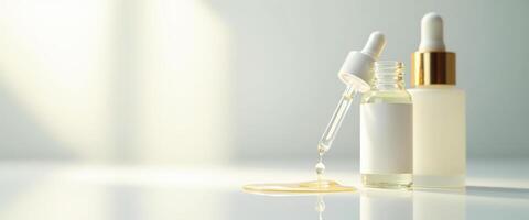 Dropper Bottle with a Drop of Liquid on a White Surface photo