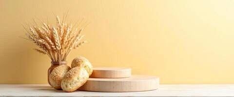 Bakery display with wheat and bread photo