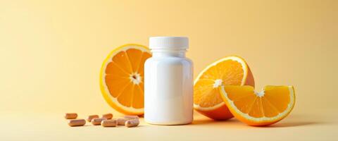 White Bottle With Vitamin C Supplements and Orange Slices photo