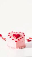 Pink heart shaped cake with red heart frosting photo