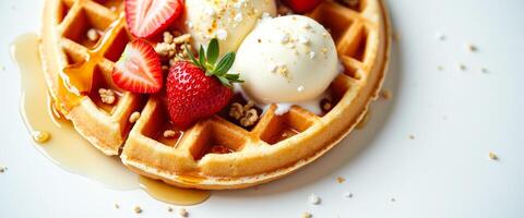 Close Up of a Delicious Waffle with Strawberries, Ice Cream, and Syrup photo