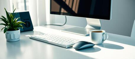 Modern Office Workspace with Computer, Keyboard, Mouse and Coffee photo