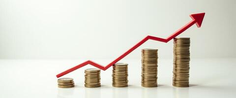 Coins stacked in a line with a red arrow pointing upward photo