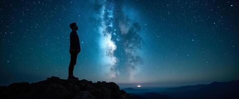 Man Gazing at Milky Way Over Mountain Range photo