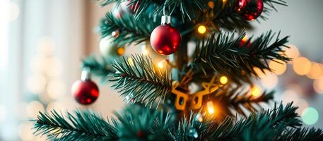 Close-up of a red Christmas ornament hanging on a green Christmas tree branch with blurred lights in the background photo