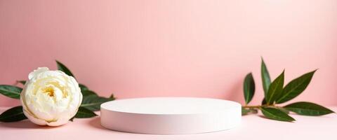 Minimalist Product Display with White Flower and Green Leaves on Pink Background photo