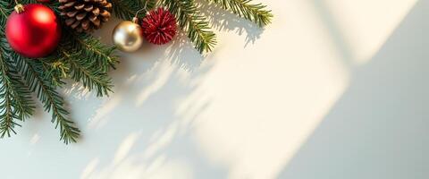 Navidad adornos y pino rama en blanco antecedentes con rayos de sol foto