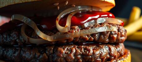 Close-up of a Juicy Burger with Onion Rings and Ketchup photo