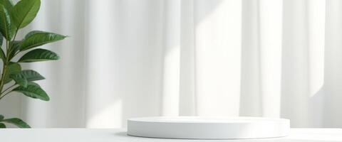 Minimalist White Product Display Platform with Sunlight and Greenery photo