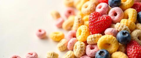 Close Up Of Colorful Cereal With Strawberries And Blueberries photo