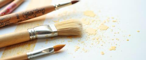 Close up of paintbrushes and gold paint splatter photo