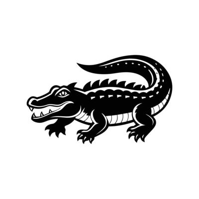 A black and white alligator logo on a white background