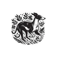 A black and white illustration of a greyhound running through a field vector