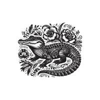 An alligator in a floral pattern on a white background vector