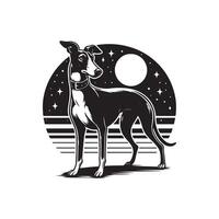 A black and white dog standing in front of a moon and stars vector