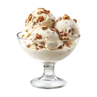 A Glass Bowl with Ice Cream Scoop, Nuts, and Chocolate The Perfect Addition to Your Summer Product Banner png