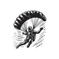 A black and white image of a skydiver with a parachute vector