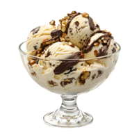 Summer Vibes A Glass Bowl with Ice Cream Scoop, Nuts, and Chocolate Isolated on a Transparent Background for Your Posts and Banners png